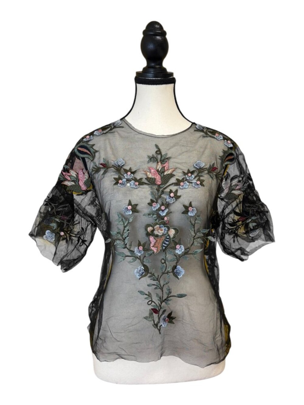Zara Woman Black Sheer Blouse with Floral Embroidery (S)
